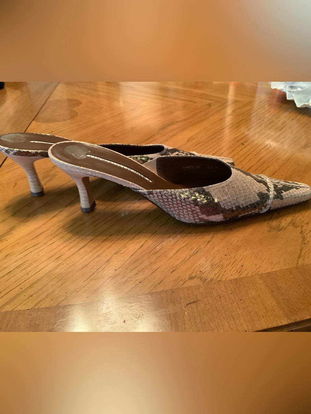 Donald J. Pliner Snake-Skin Mules in Silver and Pink Kitten Heels